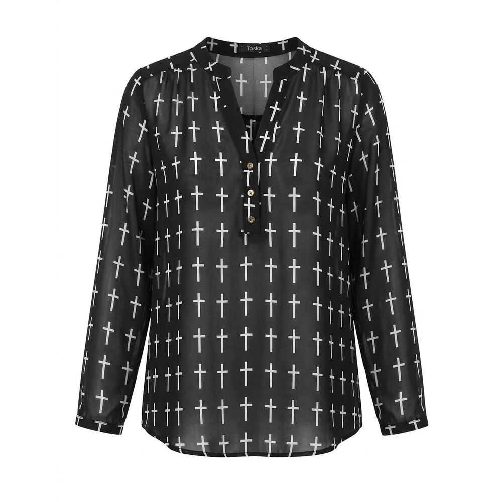 Toska Sheer Cross Print High Low Blouse 3/4 Sleeve Black Size Medium